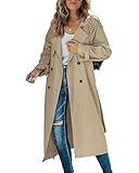 Felcia Women's Classic Long Trench Coat Double-Breasted Lapel Long Sleeve Windproof Overcoat with Belt (A-Khaki, M)