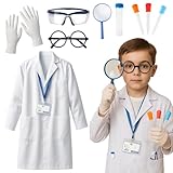 ZcrPrn Scientist Costume Kids, Halloween Costumes, 10 PCS Mad Scientist Costume Kids Set with Lab Coat, Goggles, ID Card, Gloves, Magnifying and Glass, for Halloween Science Week Cosplay Party (XL)
