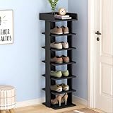 Narrow Shoe Rack Black, Wooden Shoes Shelf 7-Tier, Vertical Shoes Storage Cabinet, Tall Entryway Shoe Tower Slim Free Standing Footwear Organizer for Narrow Closet, Bedroom,Hallway,Entryway