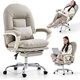EMIAH Office Chairs for Home, Ergonomic Office Chair with Footrest Comfy Desk Chair with Wheels Executive Mid-Back Criss Cross Chair for Home Work PU Leather,Beige