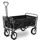 Alivio Heavy Duty Folding Wagon Cart, Collapsible Outdoor Garden Trolley with Adjustable Handle for Holiday, Shopping, Outdoor, Camping, Garden, Beach (Black)