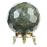 Crocon 55mm Labradorite diamond cut Stone sphere Ball with Metal Stand 1400+ Carats Gemstone Ball Healing ornament rock Sphere Sculpture Figurine for Fengshui Divination Crystal Home Decor Photography
