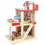 Wooden Fire Station Playset, Pretend Play Dollhouse with Fire Truck, Helicopter, Firefighters & Accessories, Preschool Learning Role Play Educational Toys for Toddlers Kids Age 3 and up