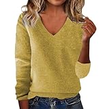 Ladies Jumpers Womens V-Neck Sweaters Lightweight Soft Long Sleeve Sweater Stretchy Layer Pullover Tops Casual Work Smart Autumn Sweatshirt Solid Color Oversized Fall Jumpers for Women UK Yellow