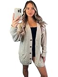 Crazy Fashion Women’s Long Sleeve Grandad Open Front Button Top Chunky Aran Cable Knitted Cardigan Ladies Sweater Winter Jumper Beige 12-14