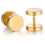 Feilok 2pcs Stainless Steel 8mm Gym Dumbell Expander Stud Earrings,One Pair, Color Gold