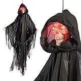 Global Gizmos 47929 Hanging Skeleton Decoration/Light, Sound & Shaking Effects/Button & Sound Activated / 100cm Height/Skeleton Halloween Animatronics