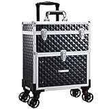 Joligrace Makeup Case Vanity Case Large Beauty Makeup Trolley on Wheels with Drawer Make Up Box Organizer Nail Polish Organizer Storage, Black and Silver