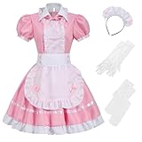 Maid Costume Accessories,Women's Fancy Dress Anime Halloween Cosplay Party Cute Lolita French Apron+Cat Ear Maid Outfit Set for Womens Girls(Pink 6pcs,5XL)