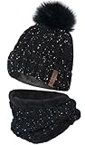 LCZTN Womens Pom Beanie Scarf Set Girls Winter Ski Hat Slouchy Knit Cap with Fleece Lined (Black)