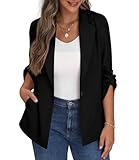 PrinStory Blazer Jackets For Women Ladies Lapel Open Front Cardigan Casual Blazers Suit With Pockets Buttons For Work Office (Black, 20-22)