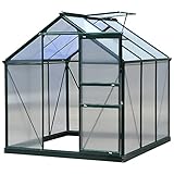 Outsunny 6 x 6ft Polycarbonate Greenhouse, Large Walk-In Green House with Slide Door and Window, Garden Plants Grow House with Aluminium Frame and Foundation, Dark Green