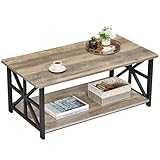 GreenForest Coffee Table with 2-Tier Storage,100 cm Living Room Table with Round Corner, Center Table with X-Frame Design for Home Office,Grey Wash