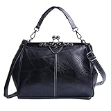 LUI SUI Women Retro Handbag, PU Leather Purse Vintage Top Handle Bag Kiss Lock Crossbody Shoulder Bag for Ladies Black