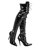 Gizelle LADIES BOOTS WOMENS THIGH HIGH OVER THE KNEE BOOTS FRONT LACE HEEL (9, Black Patent)