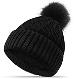 FORVEVO Winter Hats for Women Bobble Hat Black Beanie Hats Double Fleece Layer Line with Pom Pom Wooly Hat Women