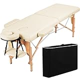 Yaheetech Portable Massage Table Folding Spa Beauty Bed Lightweight Tattoo Therapy Couch Wooden 60 cm Width 2 Section Cream