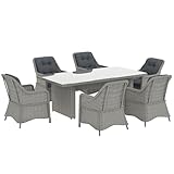 Outsunny 6 Seater Rattan Dining Set, Luxury Round PE Rattan Garden Furniture Set with Cushions, Aluminium Outdoor Dining Table and Chairs with 6 Armchairs, Rectangle Glass Top Table, Grey