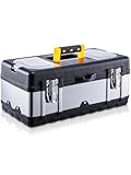 CROWNSHOP Tool Box ToolBox StorageHeavy Duty Stainless Steel Portable Toolbox with Metal Dual Latch Removable Tray Storage Case with Tray and Latch for Small Parts for Tools (14 Inch)