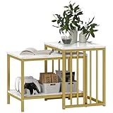 HOMCOM Modern Coffee Table Set of Two, Marble-Effect Nesting Side Tables with Steel Frame for Living Room, Gold Tone