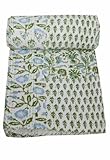 YUVANCRAFTS Indian Block Print Kantha Quilt Queen Size Kantha Throw Blanket Bedspread Cotton Bed Cover Vintage Quilt Boho Twin 90 X 60 Inch Green