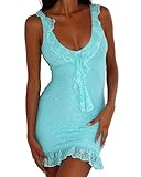 Yoisdtxc Women Y2K Lace Mini Dress Fairy Coquette Sleeveless Ruffle V Neck Backless Bodycon Shorts Dress Party Club Dresses (A-Blue, S)
