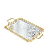 Serving Trays With Handles, Stainless Steel Rectangular Serving Platters, Vintage luxury & Sturdy Decorative Tray for Cosmetics Jewelry Tea Cakes, fit Buffets, Weddings, Birthdays, Parties