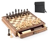 Premium Natural Walnut 13" x 13" Magnetic Wooden Chess Set with 1 Built-in Storage Drawers - 24 Checkers Pieces - Staunton Chess Pieces, Board Games