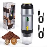 Nsyee 3-in-1 Portable Coffee Maker, 12V Car Coffee Machine, Self-Heating, Compatible with Big Capsules/Small Capsules/Ground Coffee, Electric Travel Espresso Machine, For Camping, RV, Office, Silver