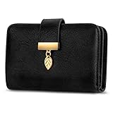 Faneam Ladies Purse RFID Blocking Leather Wallet Women's Small Purse Ladies Bifold Purse Credit Card Wallet with Wrist Strap, 1 Zip Coin Pocket, 14 Card Slots, Exquisite Box (Vintage Black)