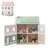 COSTWAY Wooden Dollhouse, Multi-Level Dolls House with Double-sided Roof, Openable Door, Furniture & Accessories, 3-Storey Pretend Playset Toy for Kids 3+ Years Old