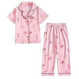 Guoegh Girls Pyjamas Sets Short Sleeve Button Down Pjs Summer Silk Satin Breathable Nightwear Kids Soft Lounge wear Sleepwear Bow(Pink,11-12 Years)