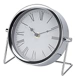 Carousel Home Modern Silver Metal Mantel Clock | Battery Operated Desk Clock With Stand | Nightstand Bedside Table Clock- 16x18cm