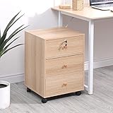 Mobile File Cabinet with 3 Drawers, Slim File Cabinet Bedside Drawer Unit, Under Desk Rolling Storage Cabinet, Lockable Wooden Filing Cabinet, Home Office Printer Table on Wheels, Oak Color