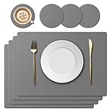 KERYCHIN Silicone Placemats and Round Glass Coasters, Washable Heat Resistant 220 °C, Non-Slip and Waterproof, Decorative Accessories for Restaurant, Kitchen, Hotel, 40 x 30 cm, 8 Pieces, Dark Grey