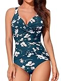 Smismivo Tummy Control Swimsuits for Women Slimming One Piece Bathing Suit Modest Padded Ruched Push Long Torso Curvy Shapewear V Neck Criss Cross Swimming Full Coverage Swimwear (Dark Green Floral)