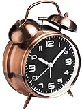 Lesipee 4 inches Analog Clock Twin Bell Battery Operated Alarm Clock Loud Alarm for Heavy Sleepers, Old Fashioned Alarm Clock for Bedrooms (Brown)