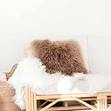Naturally Sheepskins Genuine Mongolian Sheepskin Cushion Cover in Mocha | Decorative Pillow Case with Micro-Suede Backing & Zipper Closure | Breathable, Dirt-Resistant, Durable, Gift-Ready