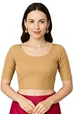 Jaanvi fashion Women's Round Neck Cotton Dobby Lycra Elbow Sleeve Readymade Saree Blouse(cotton-dobbi-blouse-beige-XL)