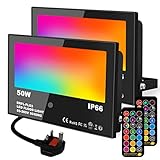 Lighting Master LED Floodlight Outdoor 50W, RGB Colour Changing Flood Lights with Remote Control，Timed , DIY Mode, Garden Lighting，IP66，UK 3-Plug (2 Pack)