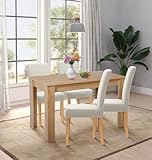 Hallowood Furniture Newquay Oak Dining Table and Chairs Set 4, 120cm Fixed Top Dining Room Table and Chairs in Straight Back Upholstered Beige Fabric, Dining Room Sets for Home and Café