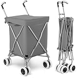 TANGZON 90L 8-Wheel Folding Shopping Trolley, Extra Large Lightweight Shopping Cart with Easy-Grip Handles, Steel Frame Push/Pull Utility Carts for Mobility (Grey)