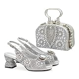 Womens Italian Shoes and Bags Matching Set Decorated Rhinestone Wedge Sandals and Bag Set Silver 41