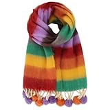LA HUATE Women's Vibrant Color Mohair Scarf Winter Warm Wrap Scarf Thick Shawls with Pom Pom
