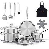 16-Piece Stainless Steel Saucepan Set, Induction Pots and Pans Set with Steamer & Glass Lids, Kitchen Cookware Set with Utensil Set Pot Protectors and Apron, Compatible with All Stoves