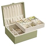 SONGMICS 2-Layer Jewellery Box, Jewellery Organiser with Handle, Removable Jewellery Tray, Jewellery Storage, Floating Effect, 20.5 x 24 x 11 cm, Gift Idea, Sage Green JBC165C02