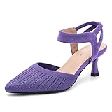 fereshte Women's Low Kitten Heels Knit Pumps Elastic Ankle Strap Slingback Dress Shoes, Purple, 6 UK