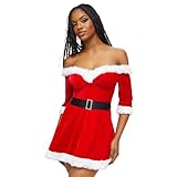 Ann Summers Bardot Sexy Santa Dress – Red Velvet Christmas Dress with Bardot Neckline, Faux Fur Trim, Detachable Straps & Belt – Festive Fancy Dress Costume – Ideal for Christmas Parties & Role Play