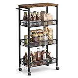 VASAGLE 4-Shelf Trolley, Space-Saving Kitchen Cart with Castors, Steel Frame, Handle, Trolley for Small Spaces, Kitchen Bathroom Living Room Studio, Rustic Brown and Black LRC033B01