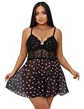 ohmydear Lace Babydoll Nightdress for Women Sexy Lingerie Sets Ladies Nightwear Underwired Chemise Nighties Black Sheer Plus Size Matching Thong M